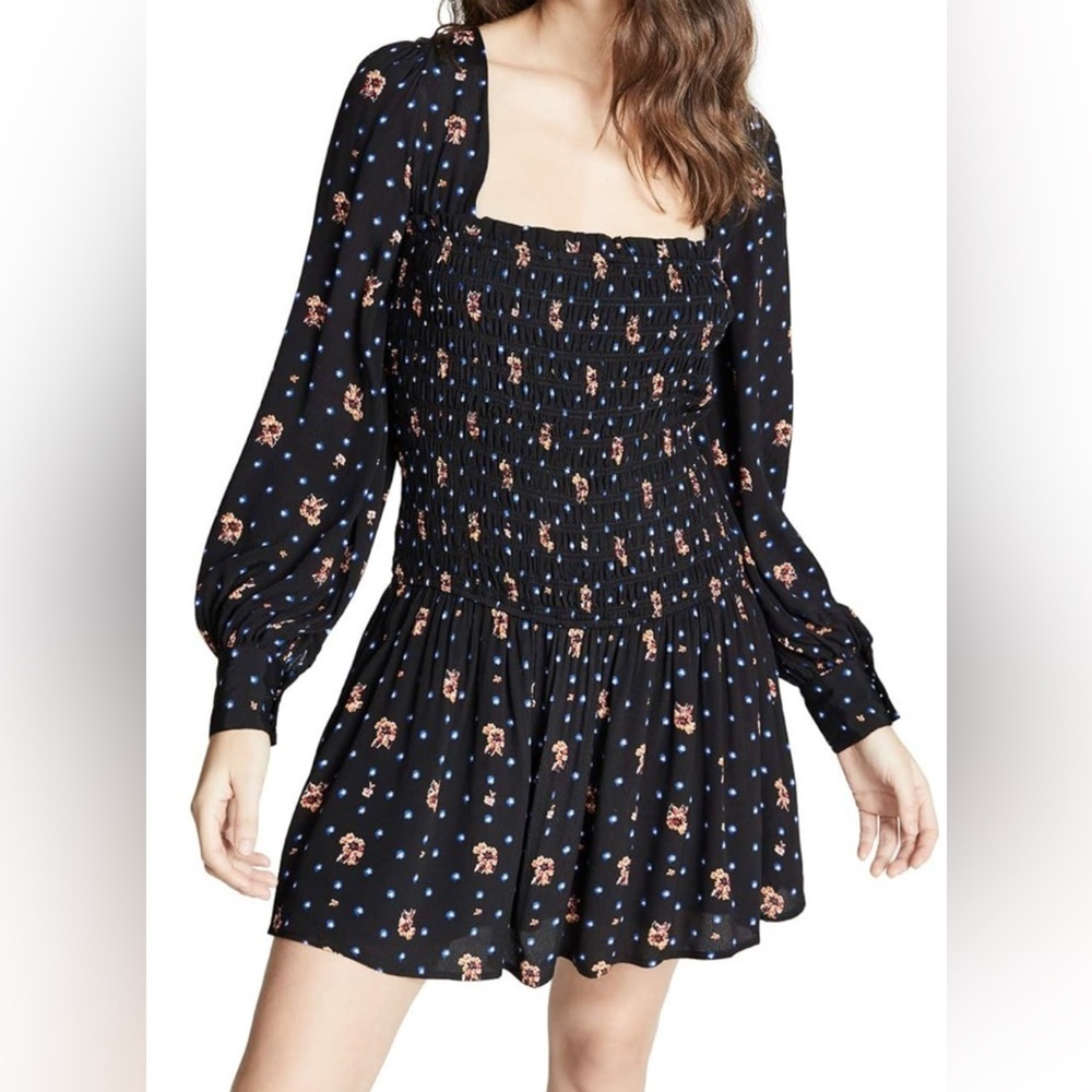 Free People Black Floral Mini Dress Smocked Small